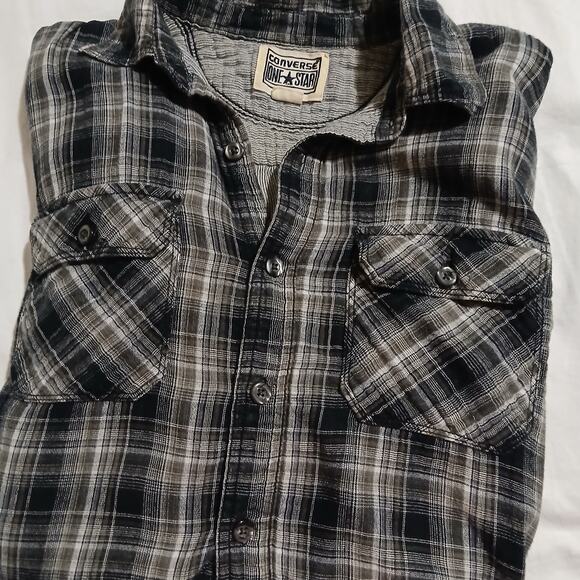 Converse ONE STAR  Men's Small double-layer Cotton Black Plaid Button-Up shirt - Picture 7 of 16